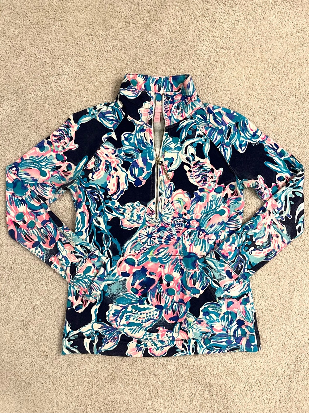 Lilly Pulitzer Floral Half-Zip Skipper Popover Pullover in Navy, Teal & Pink